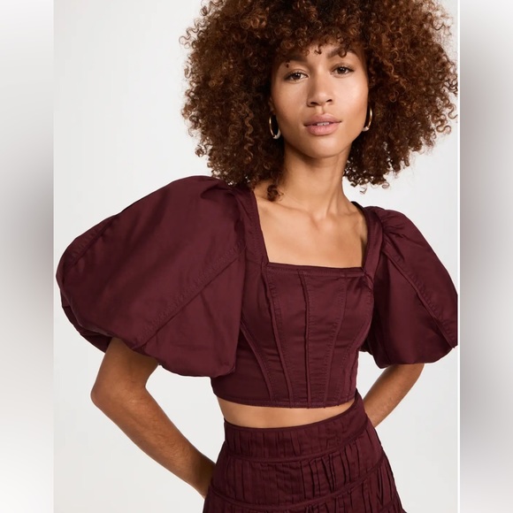 NWOT Aje Sylvia Puff Sleeve Cropped Top in Chestnut Red SZ 4 - Picture 1 of 9